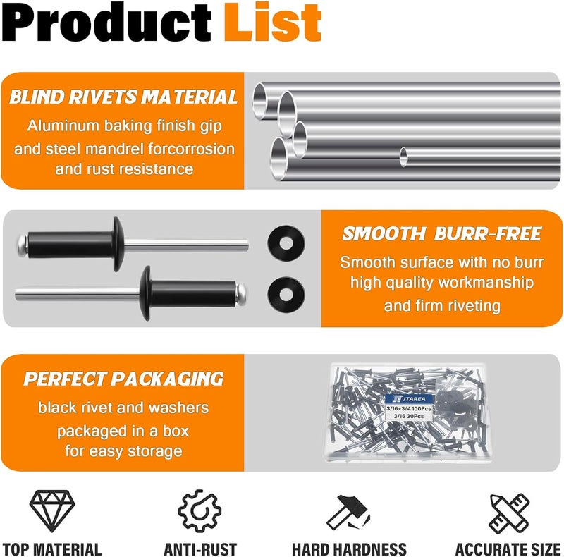 JTAREA 130pcs 3/16" x 3/4" Black Aluminum Pop Rivets with Stainless Steel Washers 4.8 x 20mm Blind Rivet Assortment Kit - Image 3